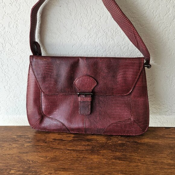 Furla Handbags - FURLA Vintage 90s Y2K Women's Bag Purse Baguette Faux Lizard Leather Burgundy